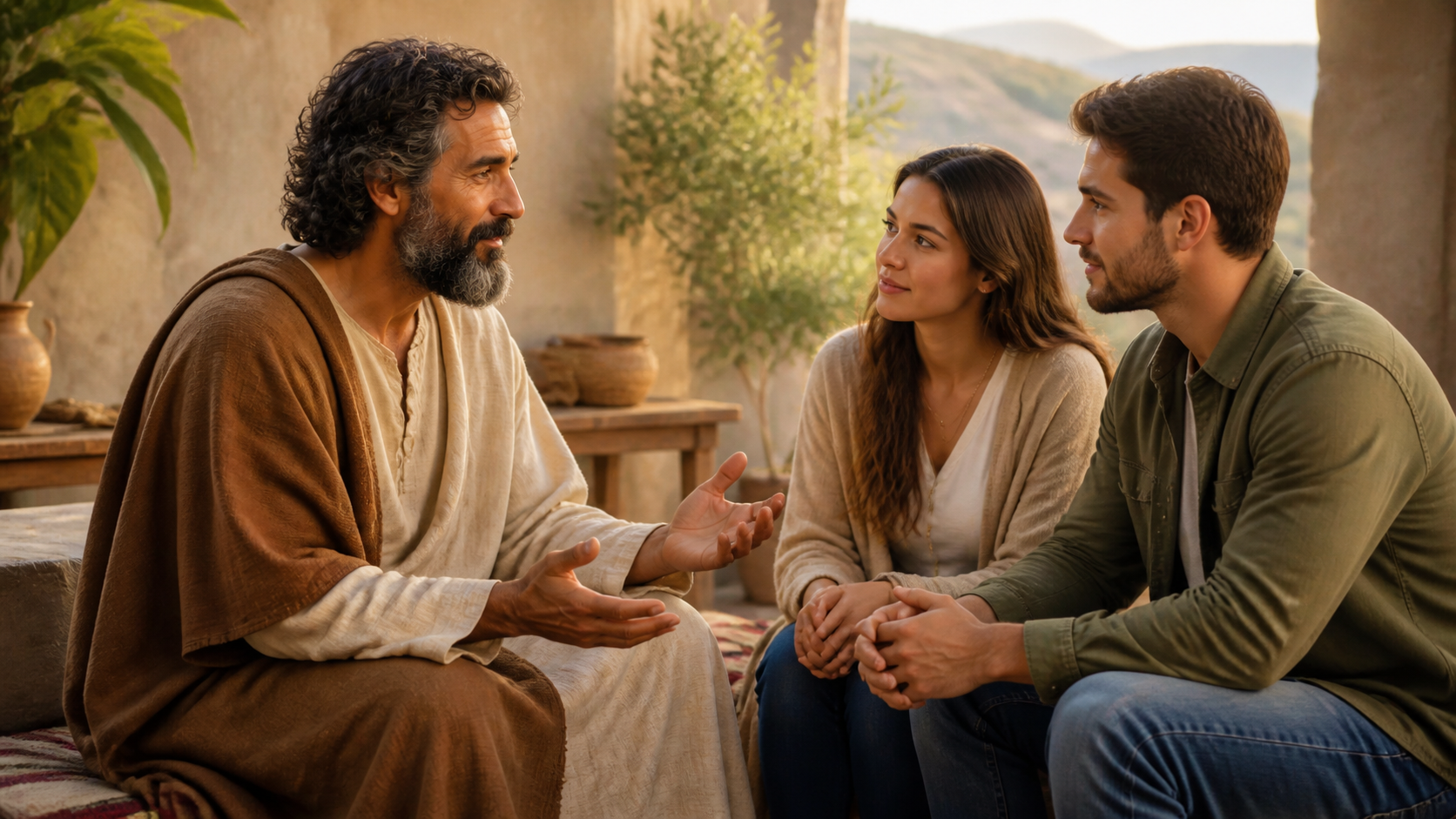 São Bartolomeu orientando um casal sobre amor respeitoso e compassivo