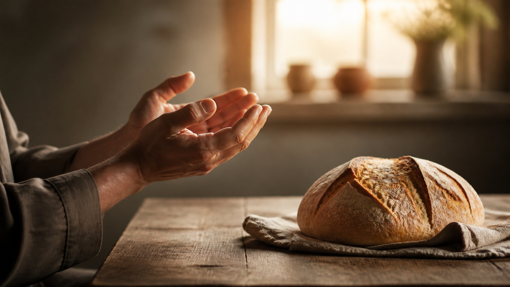 Mãos abertas em oração diante do pão, simbolizando pedido e providência