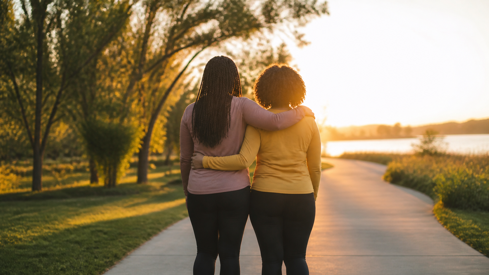 Duas amigas caminhando juntas ao pôr do sol