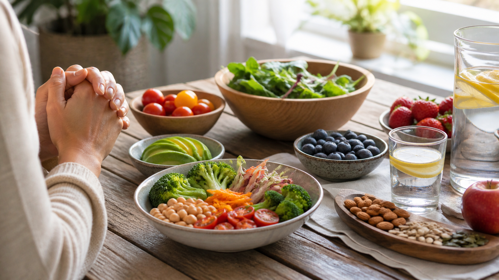 Alimentos saudáveis e momento de gratidão para buscar equilíbrio