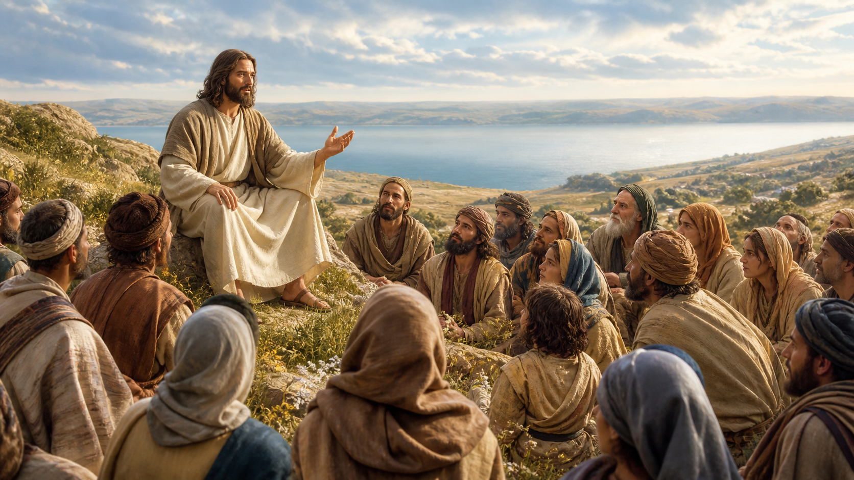Jesus proclamando as bem-aventuranças no Sermão da Montanha