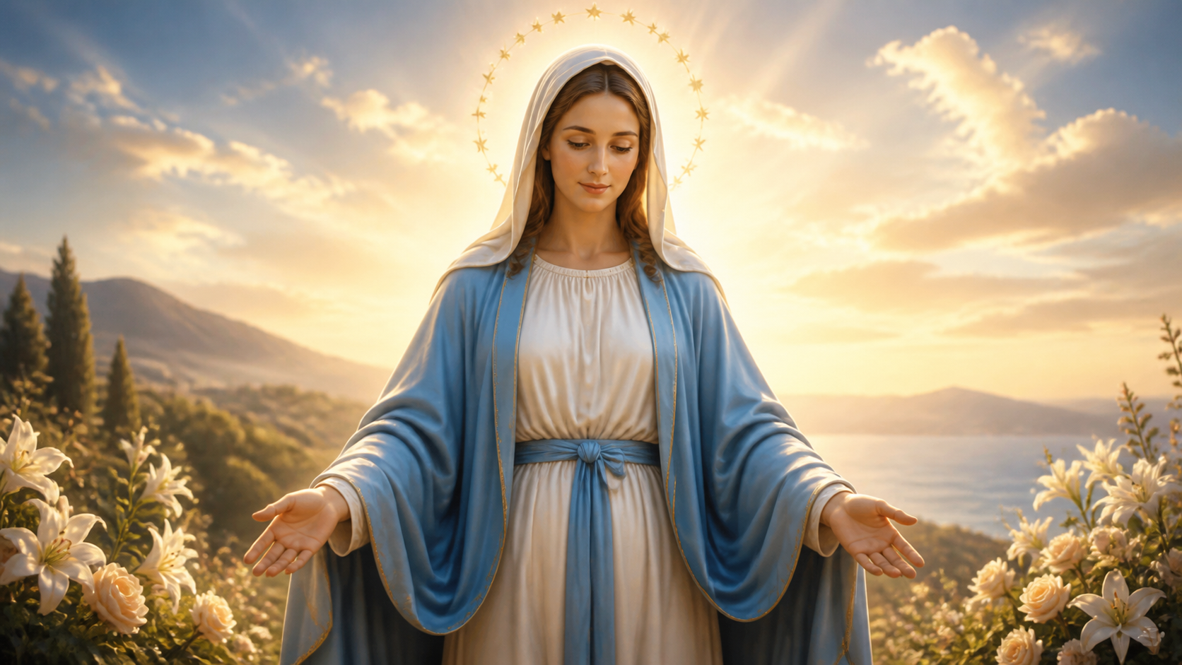 Nossa Senhora acolhendo os fiéis com as mãos abertas