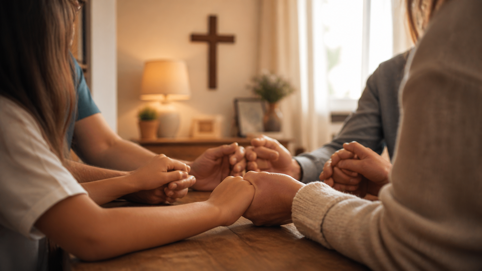 Família reunida em oração dentro de casa