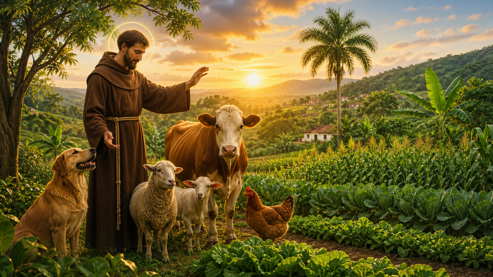 São Francisco abençoando animais e lavouras em paisagem rural