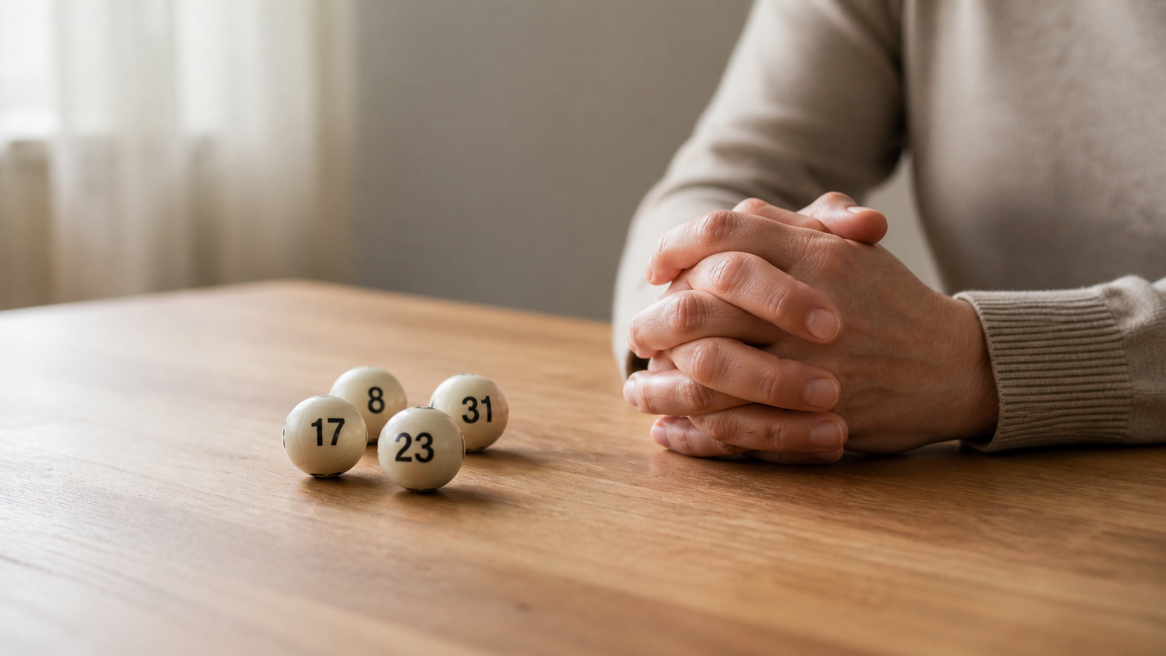 Mãos em oração ao lado de bolas de loteria, simbolizando fé e prudência