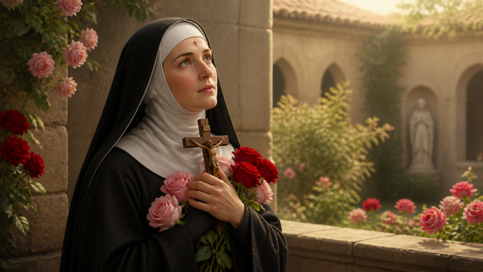 Santa Rita de Cássia com crucifixo e rosas