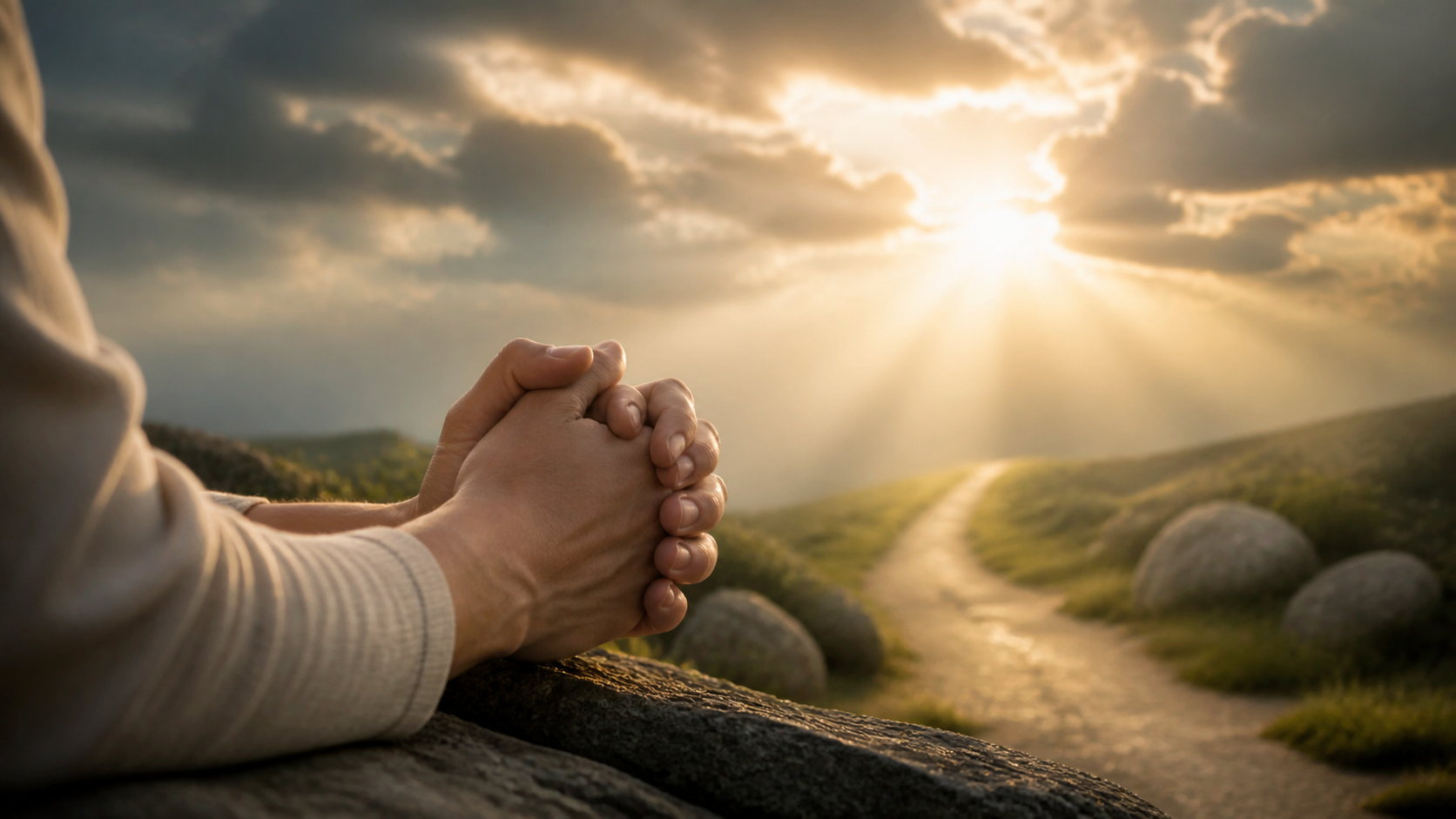 Mãos em oração sob luz de esperança em momento de necessidade