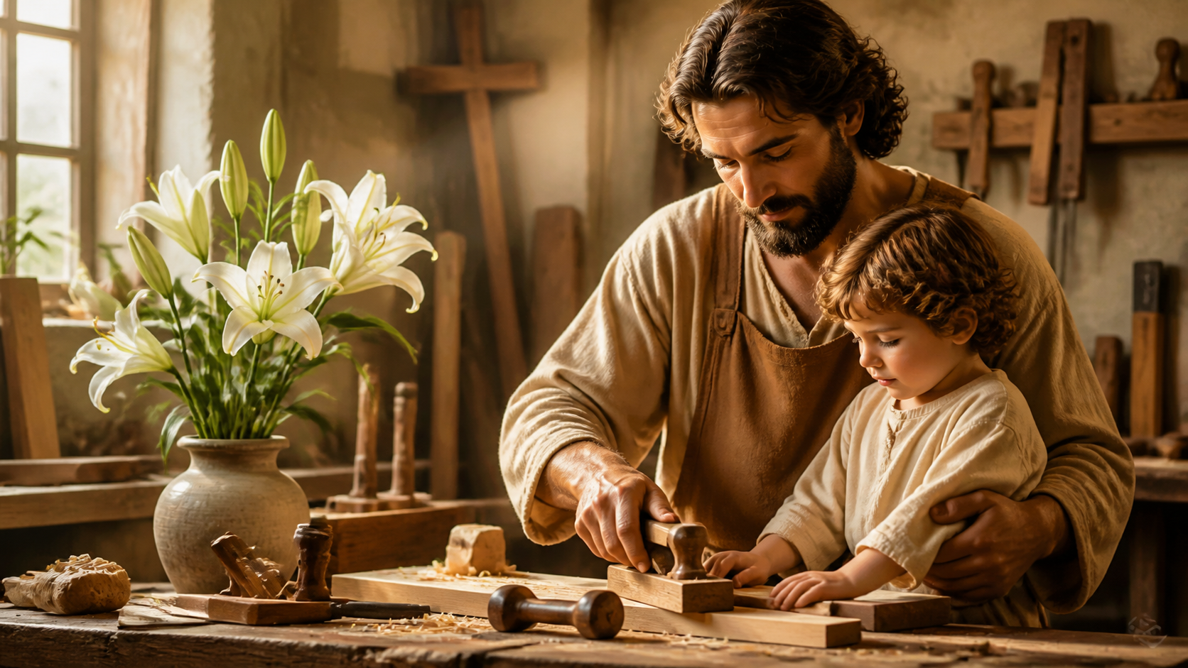 São José trabalhando na carpintaria com o Menino Jesus