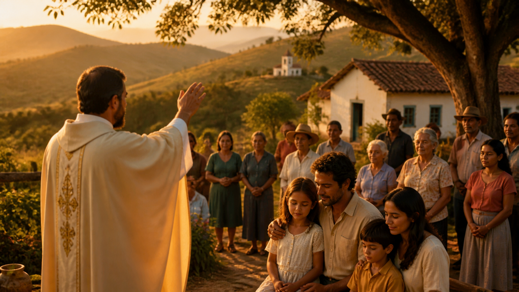 Sacerdote abençoando uma família, em homenagem ao Padre Libério