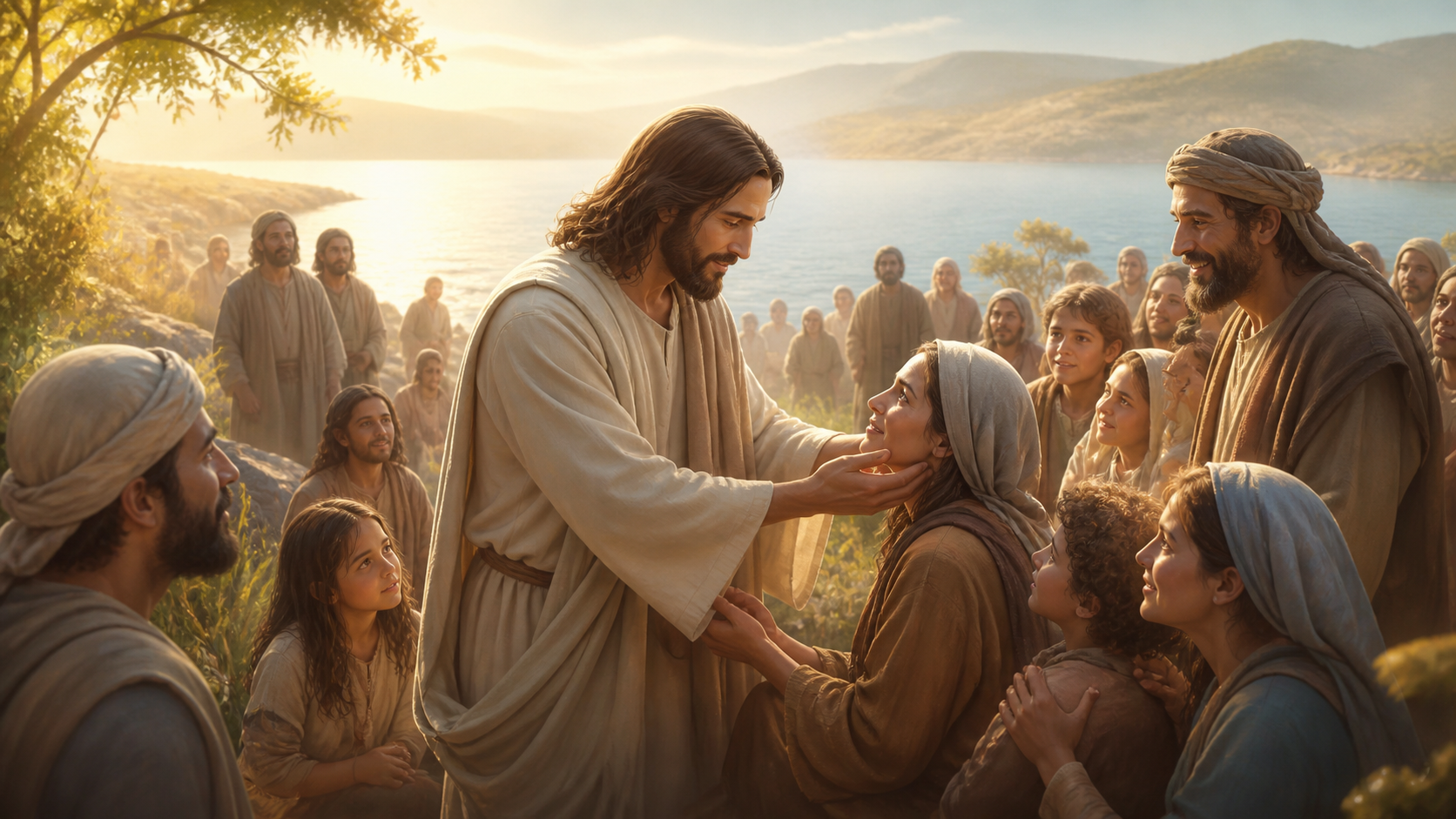 Jesus acolhendo e curando pessoas, renovando fé e esperança