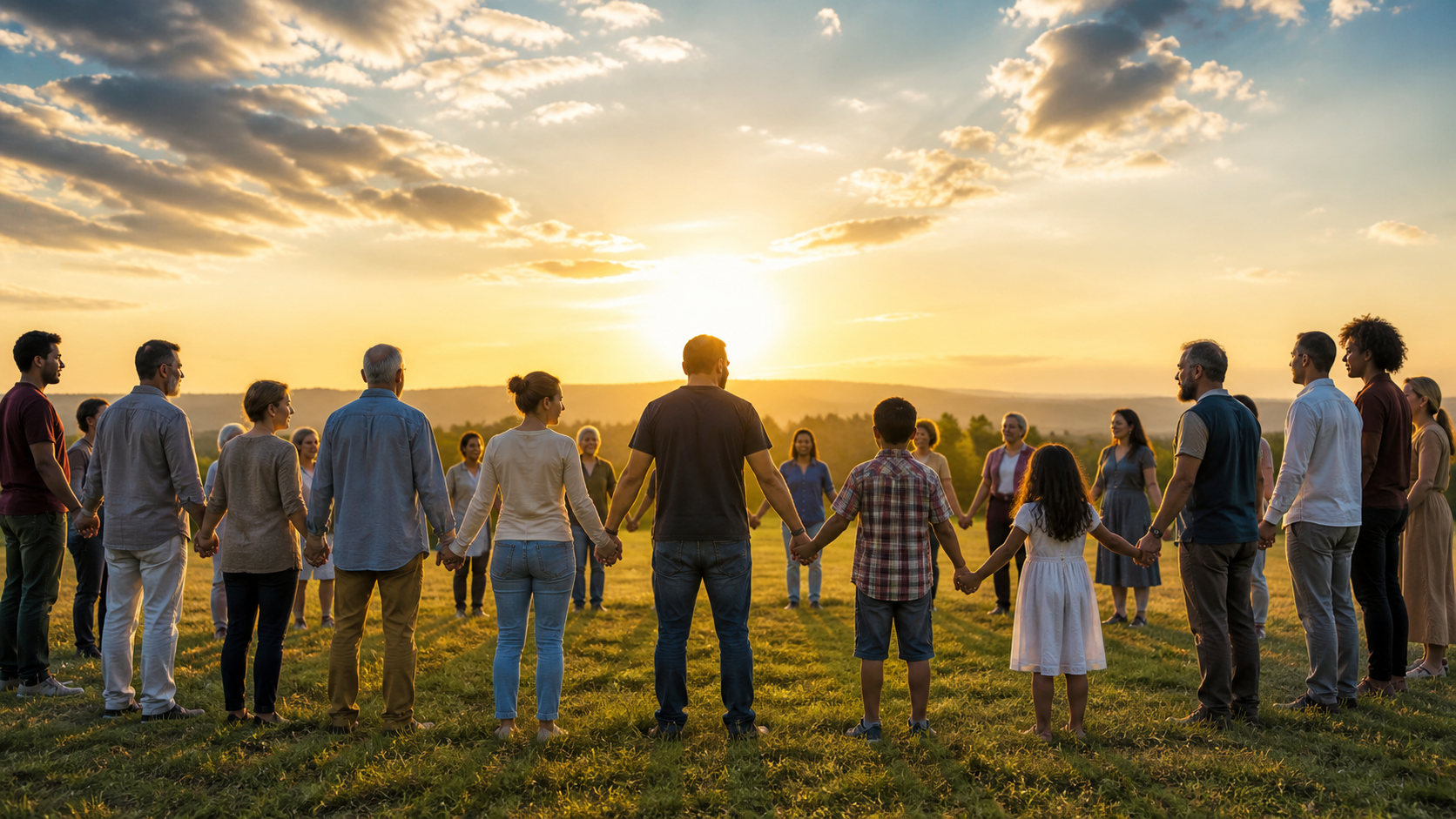 Comunidade unida de mãos dadas em oração pela paz