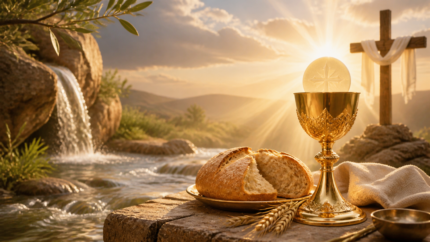Pão, cálice, água e cruz simbolizando a oração Alma de Cristo