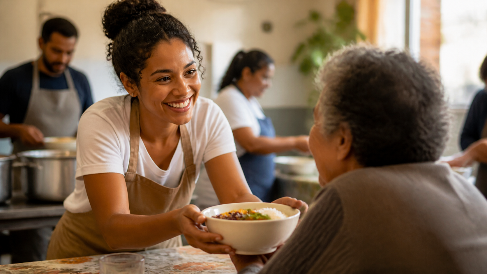 Voluntária servindo alimento e acolhimento em ação solidária