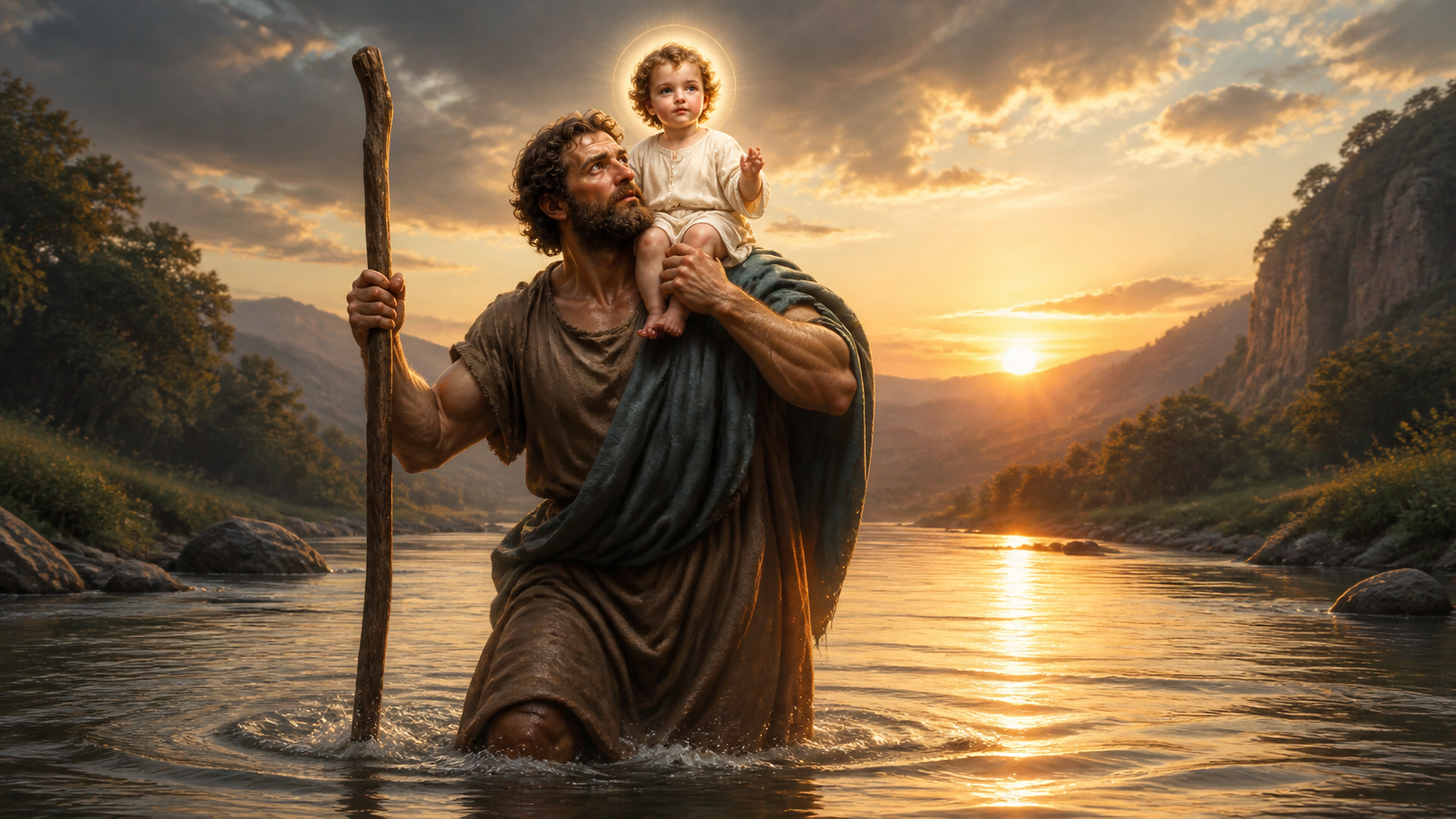 São Cristóvão carregando o Menino Jesus através do rio