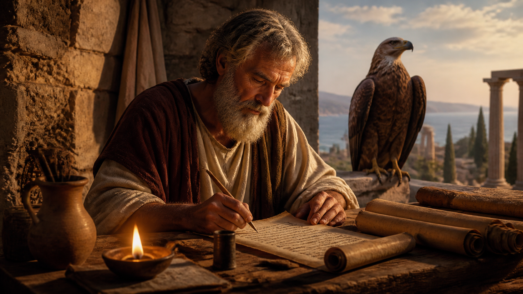 São João Evangelista escrevendo ao lado do símbolo da águia