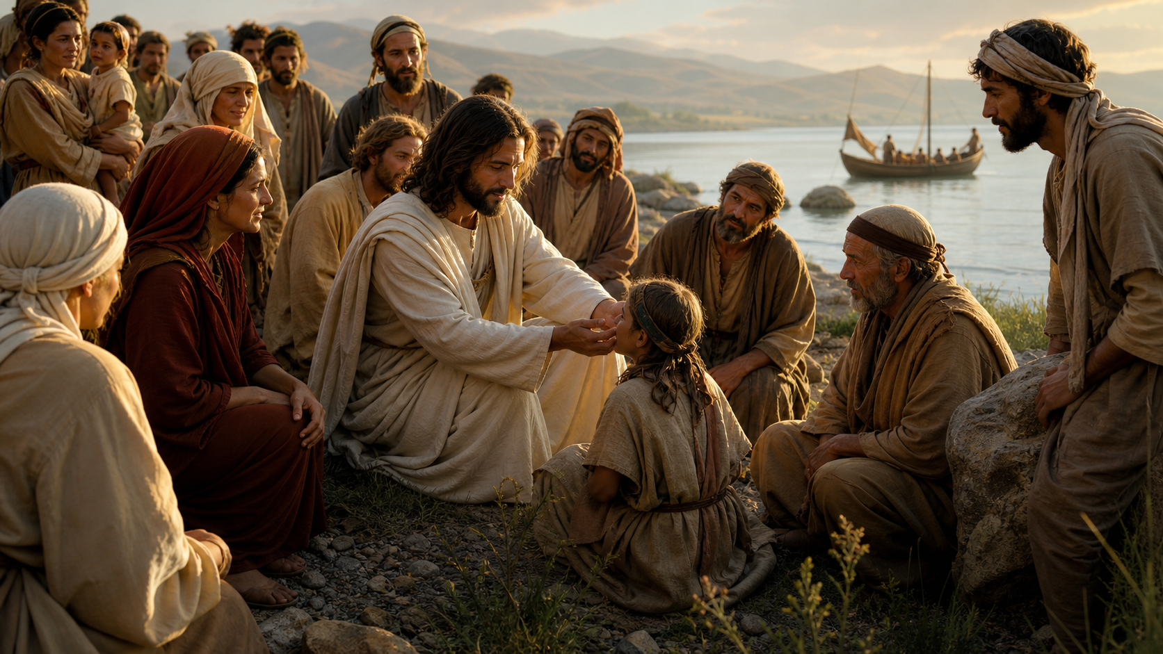 Jesus acolhendo e curando pessoas junto ao mar da Galileia