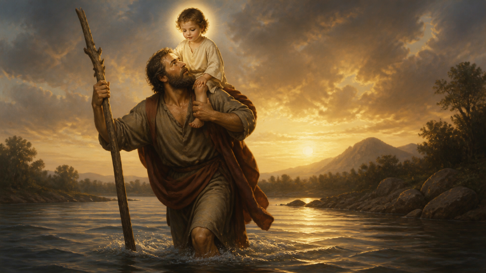São Cristóvão carregando o Menino Jesus durante a travessia de um rio