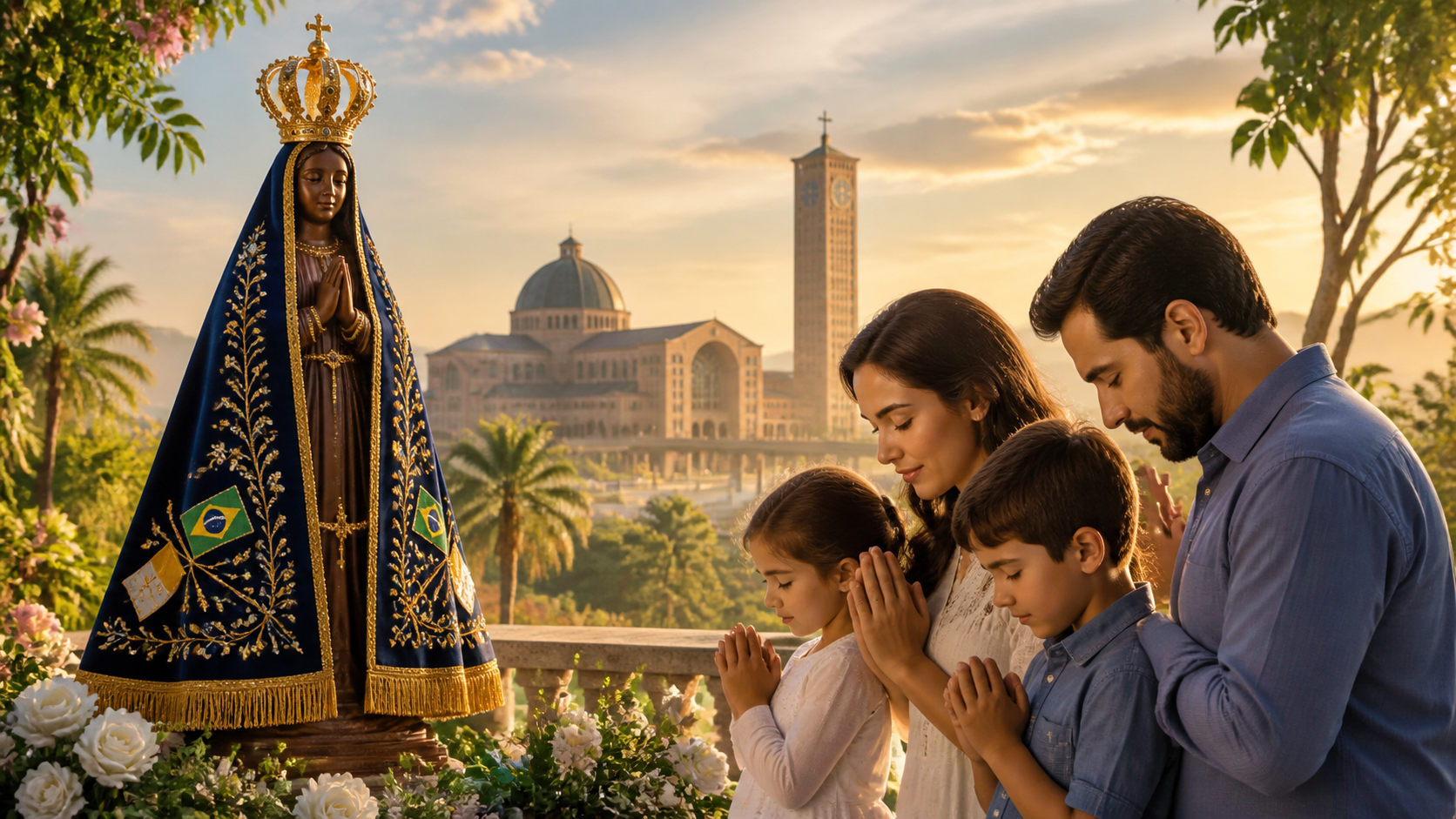Família em oração diante de Nossa Senhora Aparecida