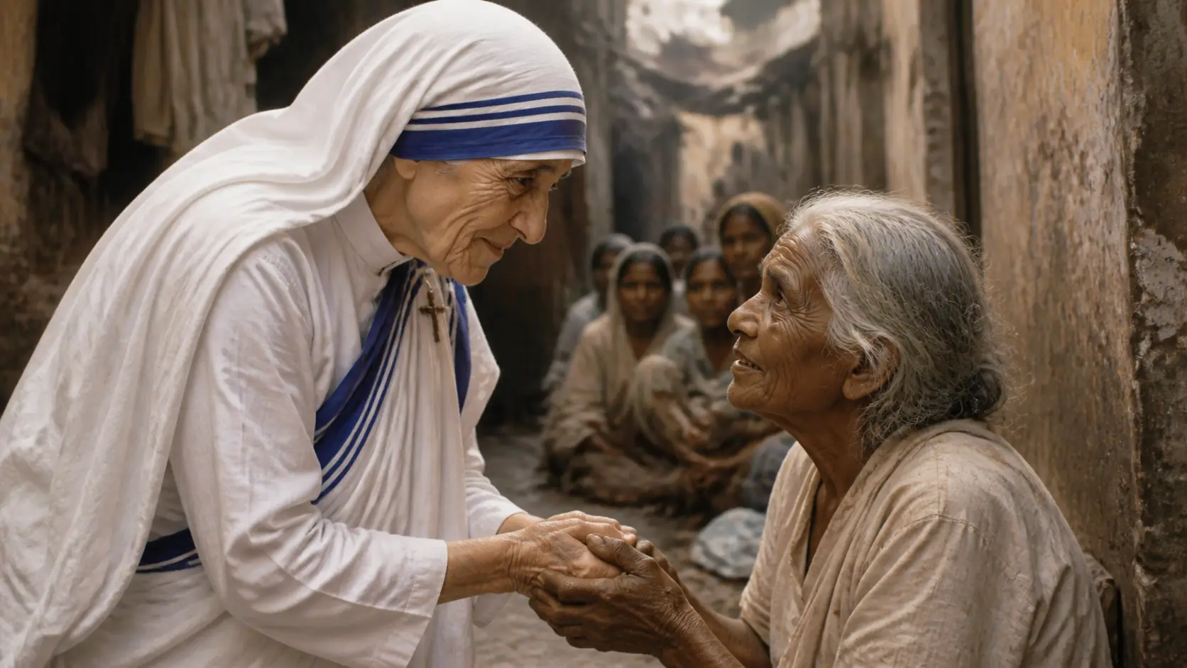 Santa Teresa de Calcutá em gesto de caridade
