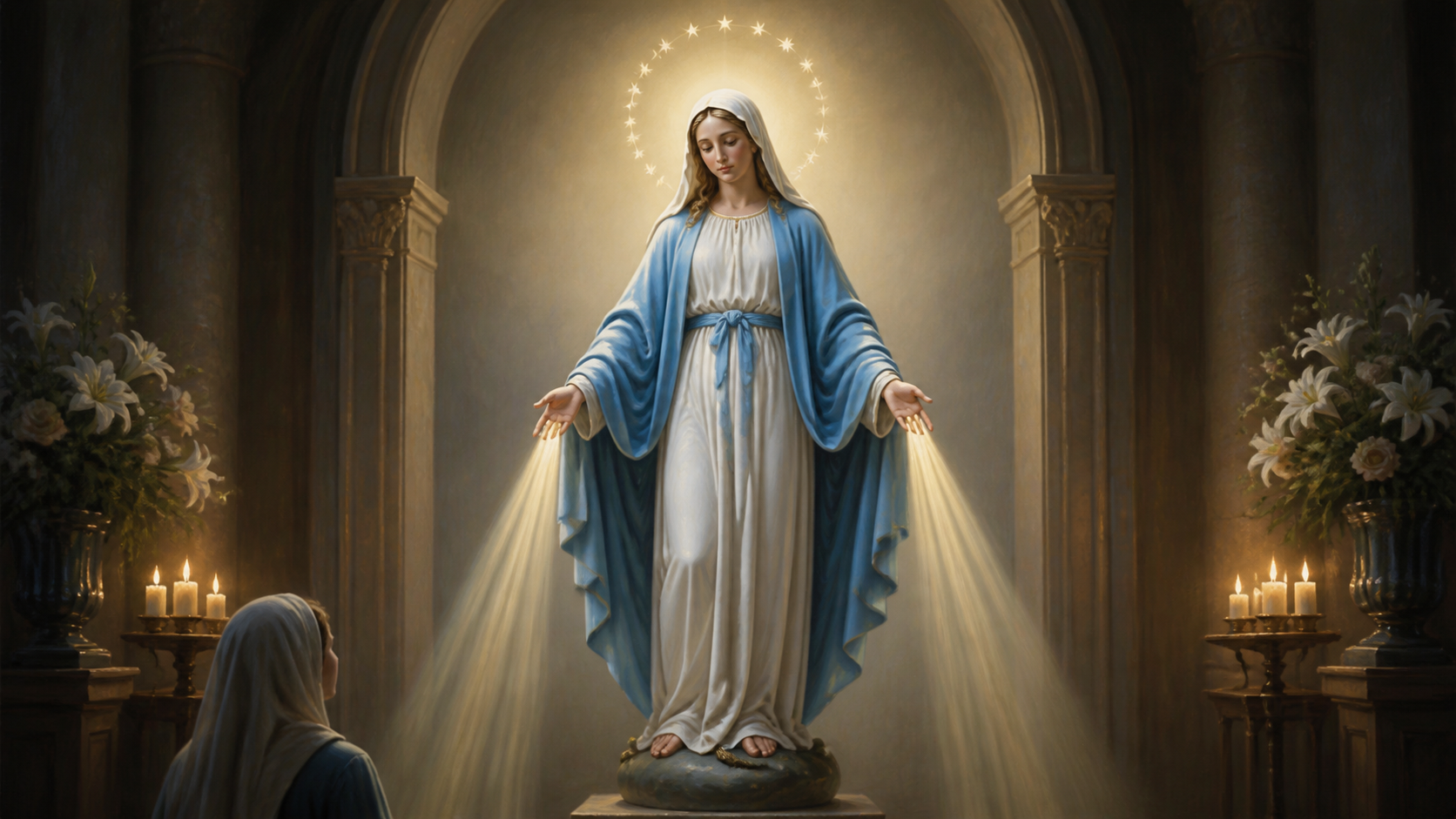 Nossa Senhora das Graças com as mãos abertas e raios de luz