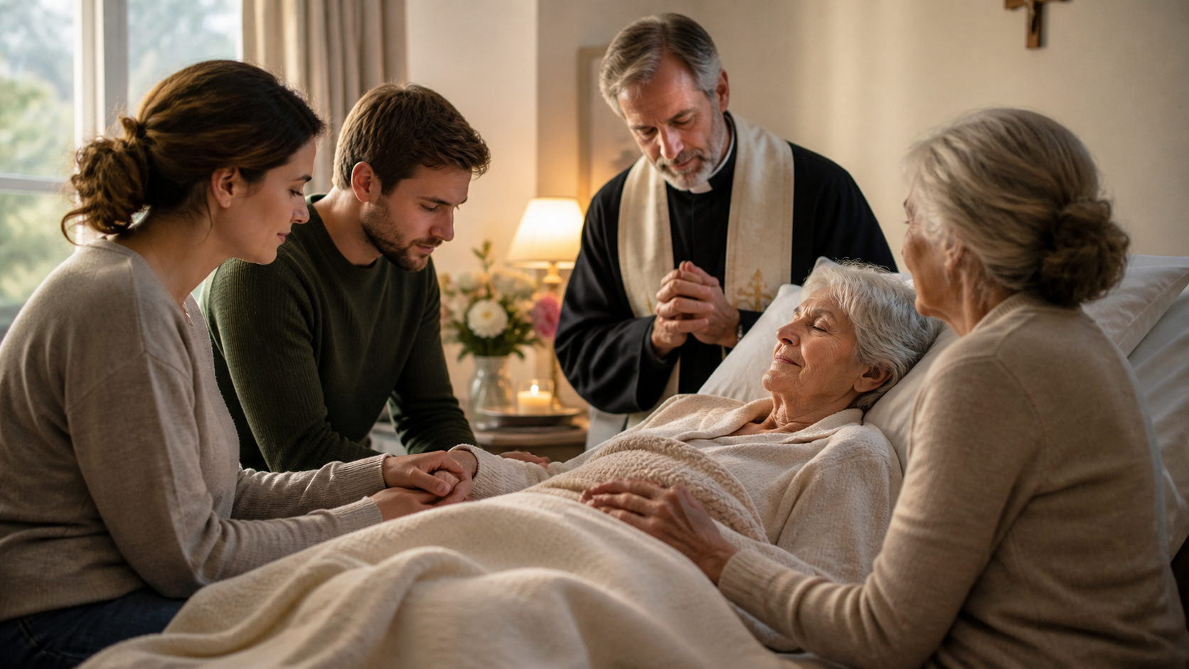 Família e sacerdote acompanhando pessoa em fim de vida