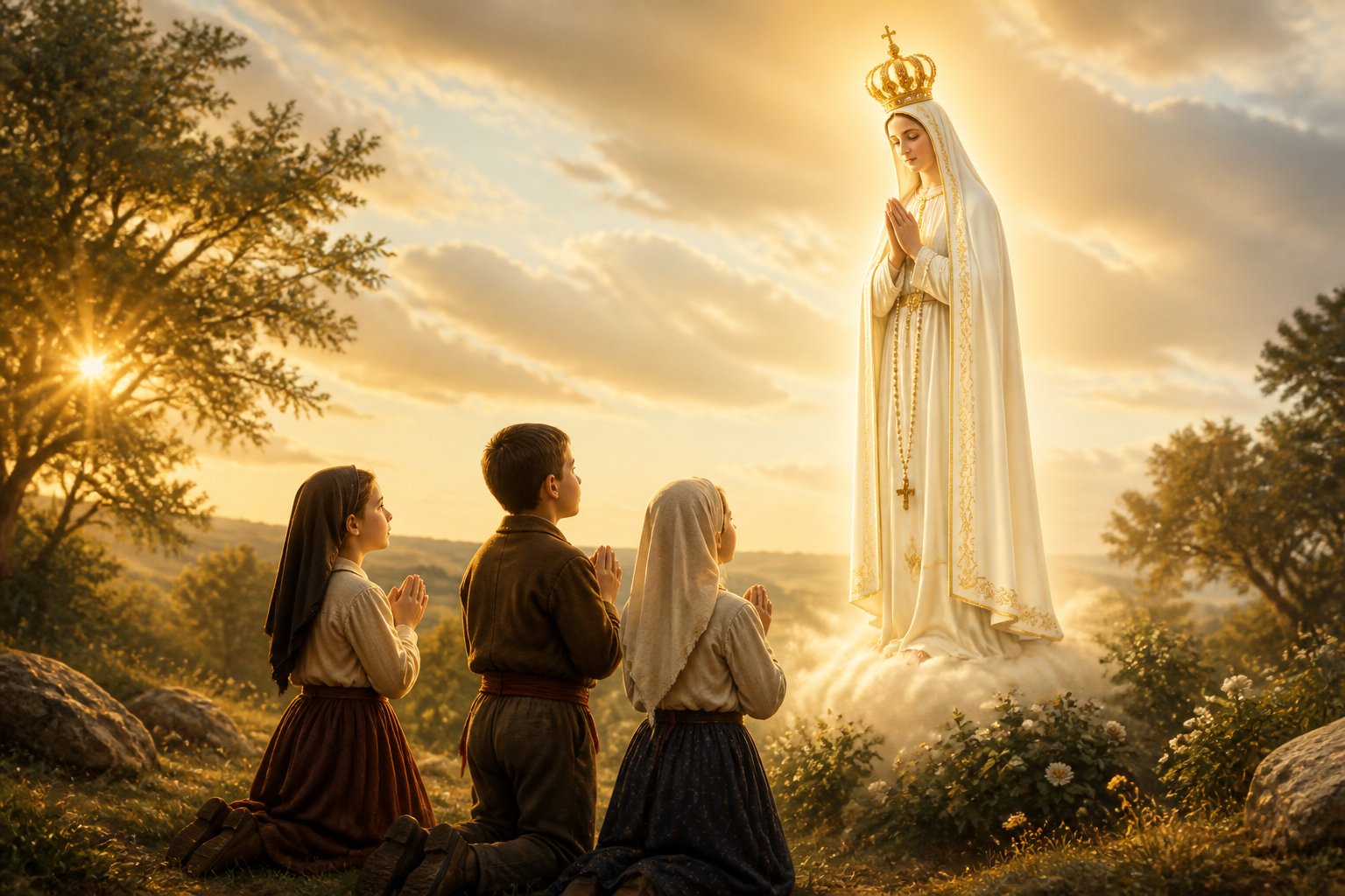 Nossa Senhora de Fátima e os três pastorinhos