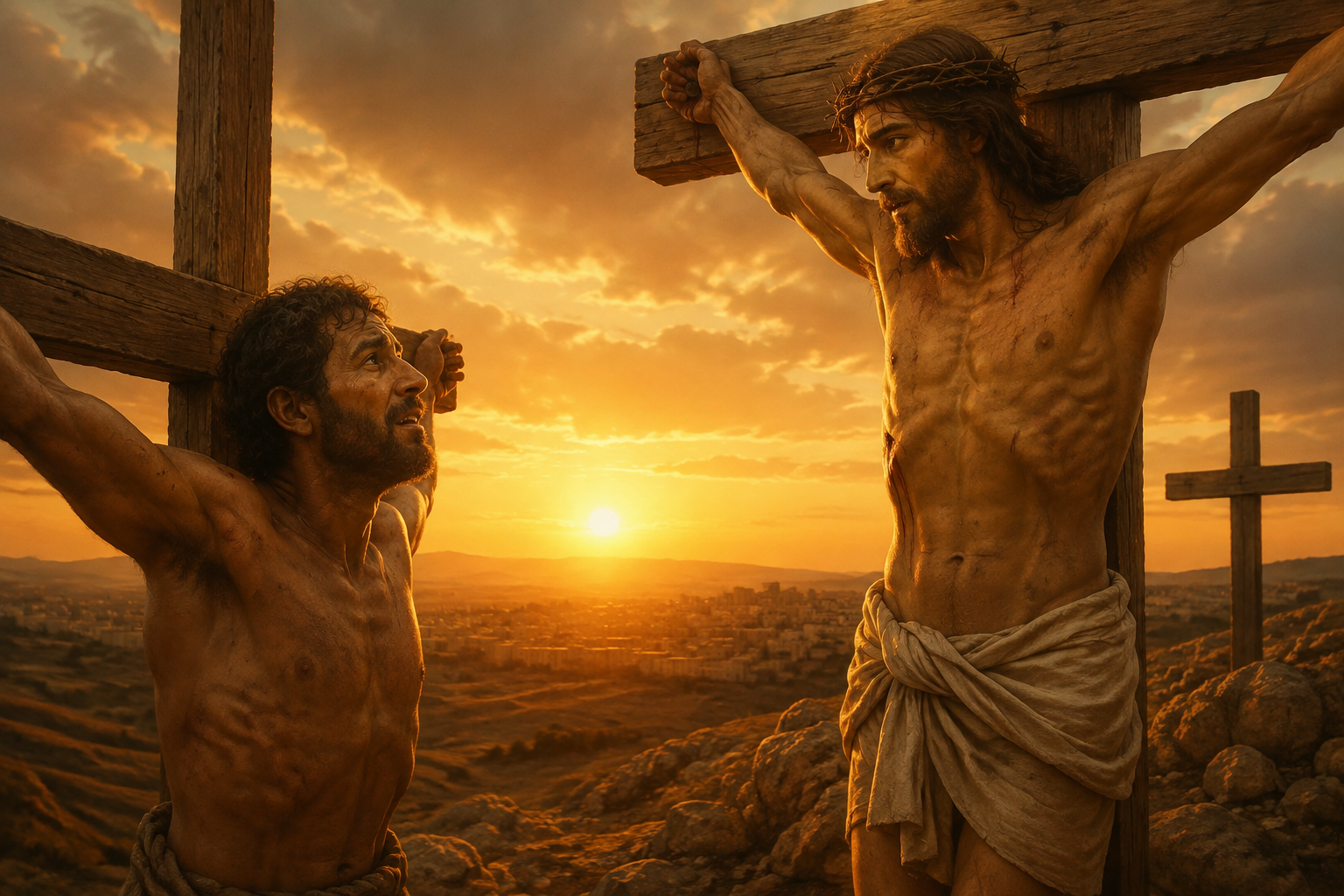 São Dimas no Calvário olhando com esperança para Jesus