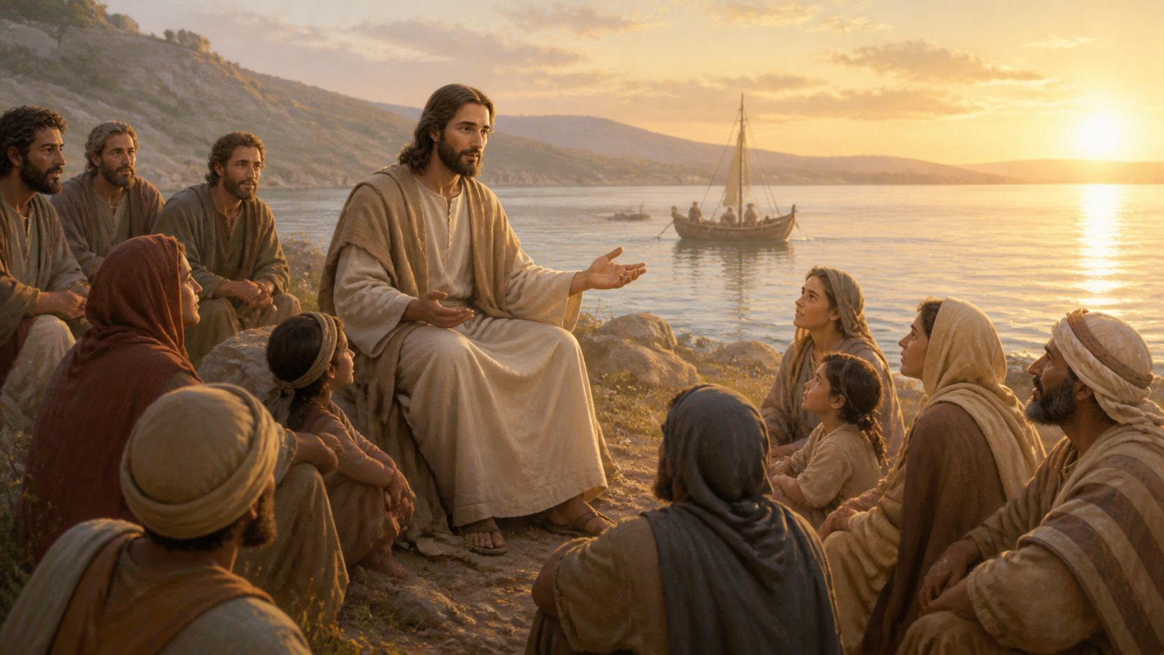 Jesus Cristo ensinando uma multidão junto ao mar da Galileia