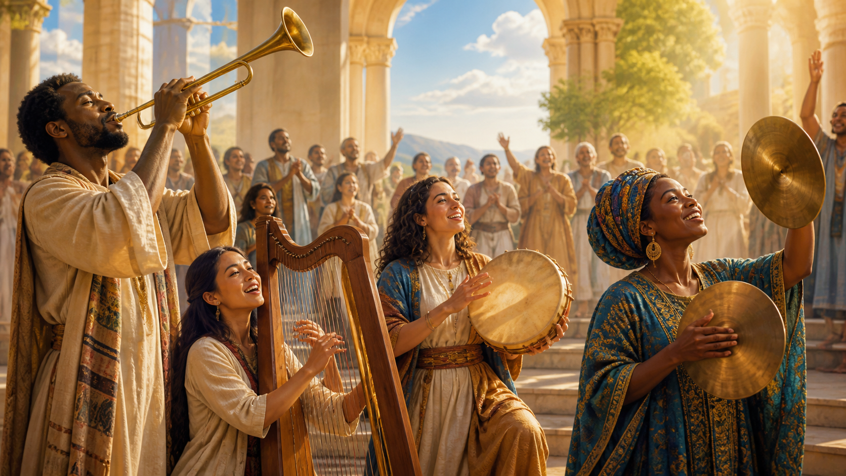 Comunidade louvando a Deus com instrumentos no Salmo 150