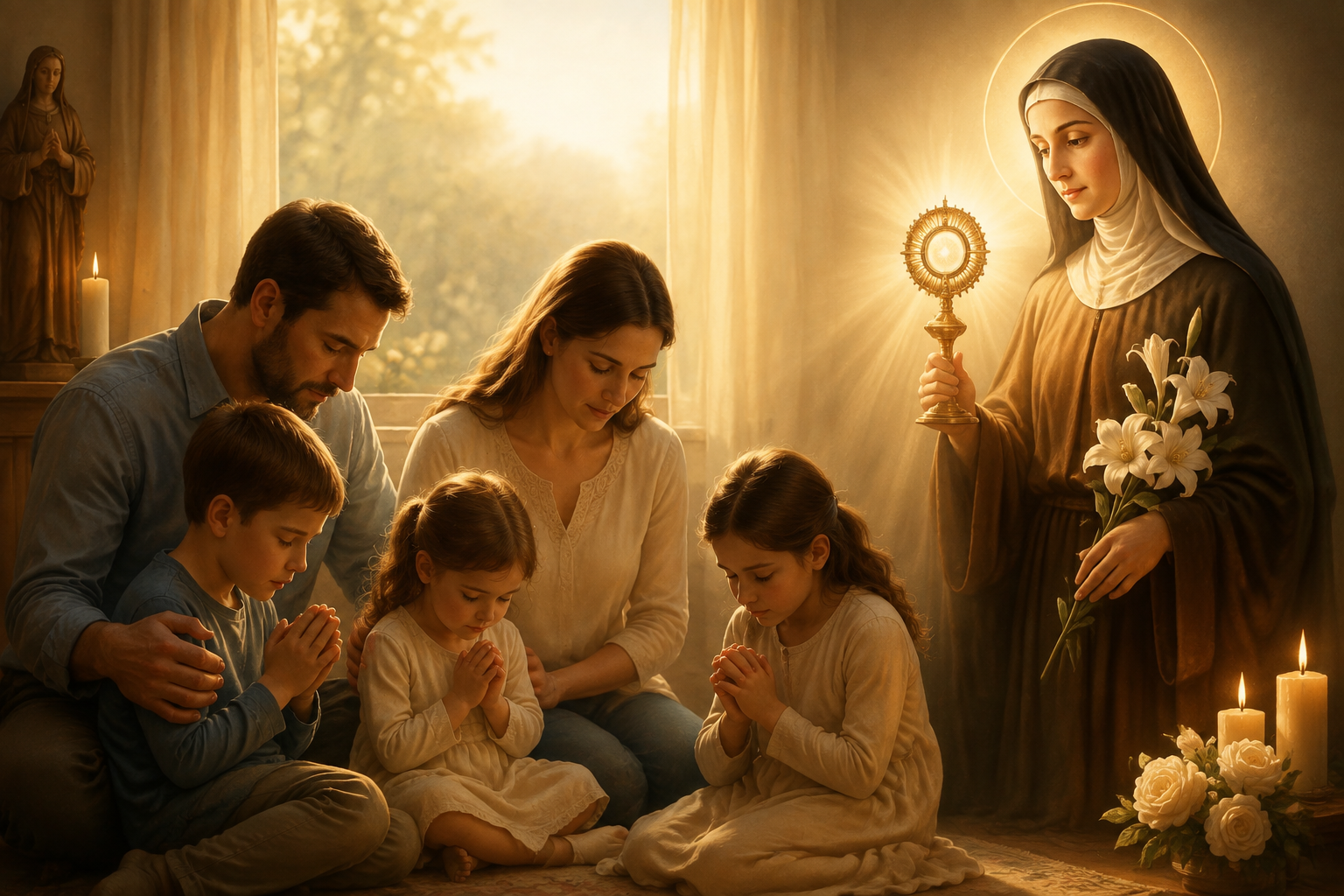 Família em oração com a intercessão de Santa Clara
