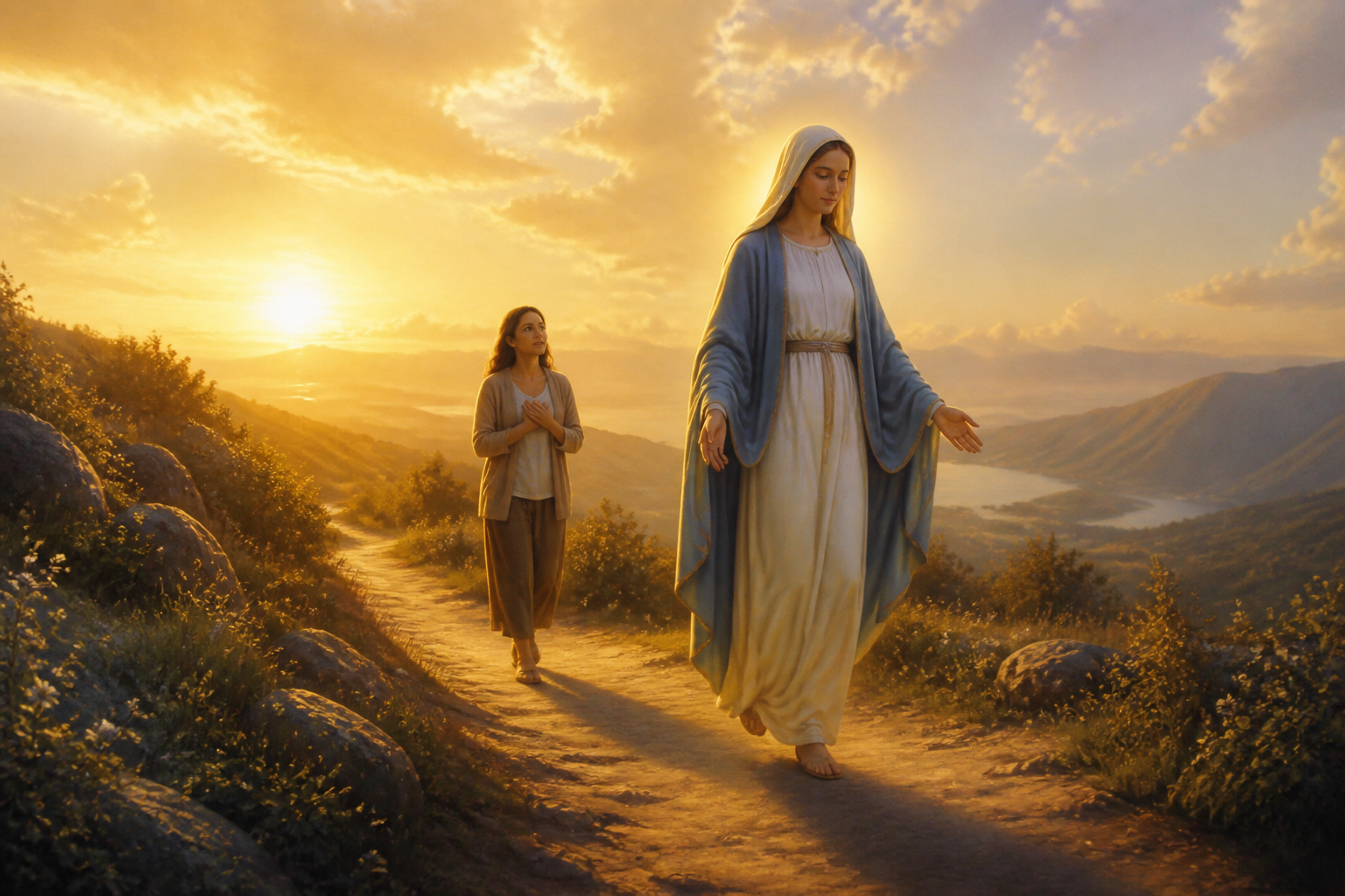 Nossa Senhora caminhando à frente por caminho iluminado