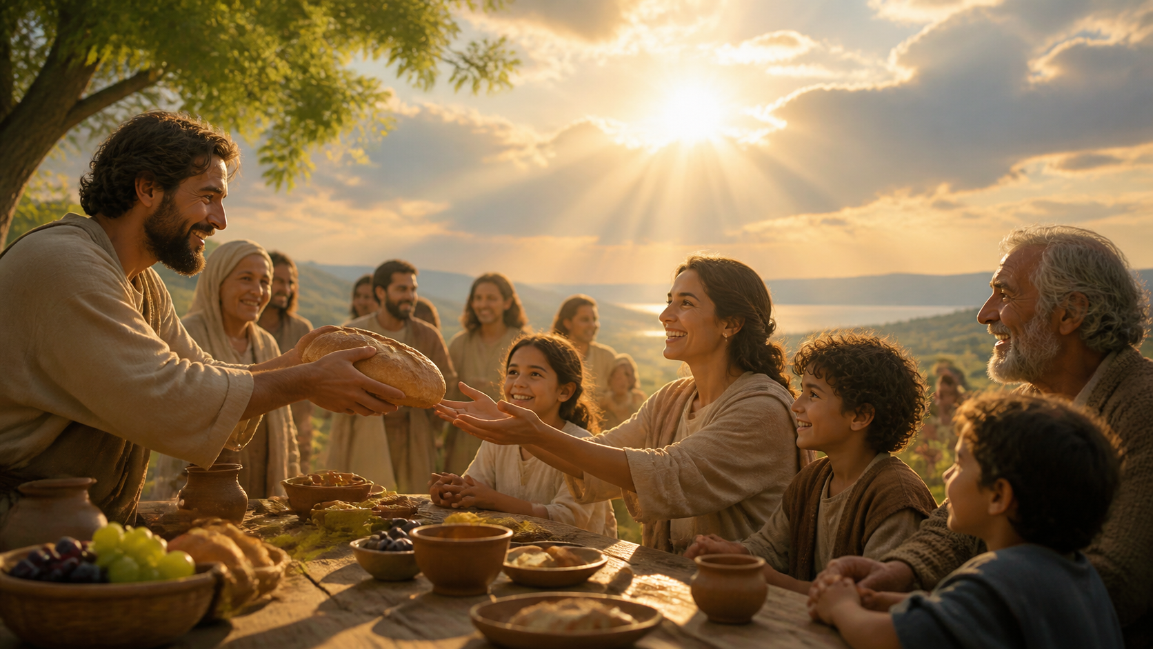 Comunidade partilhando o pão e agradecendo no Salmo 145